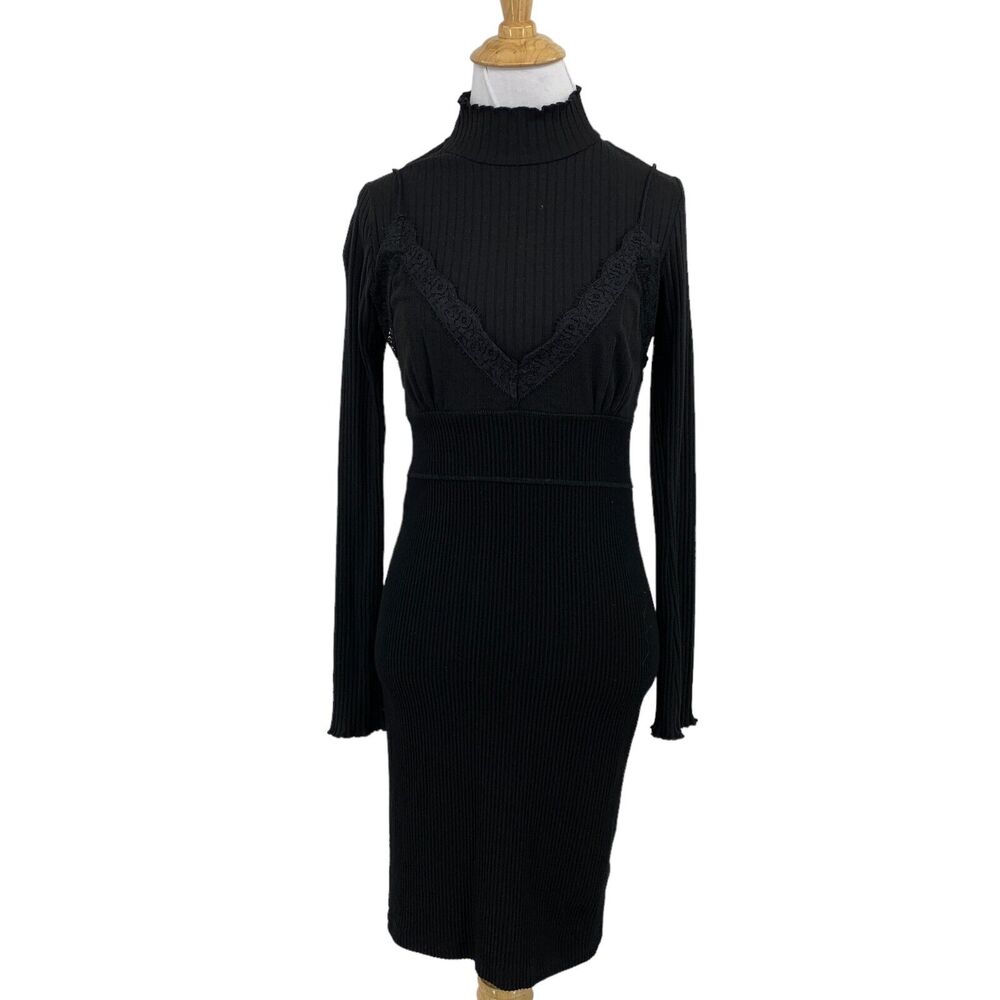 Allsaints Dress Womens 6 Black Sara Layered Ribbed Long Sleeve Mock Neck Pencil